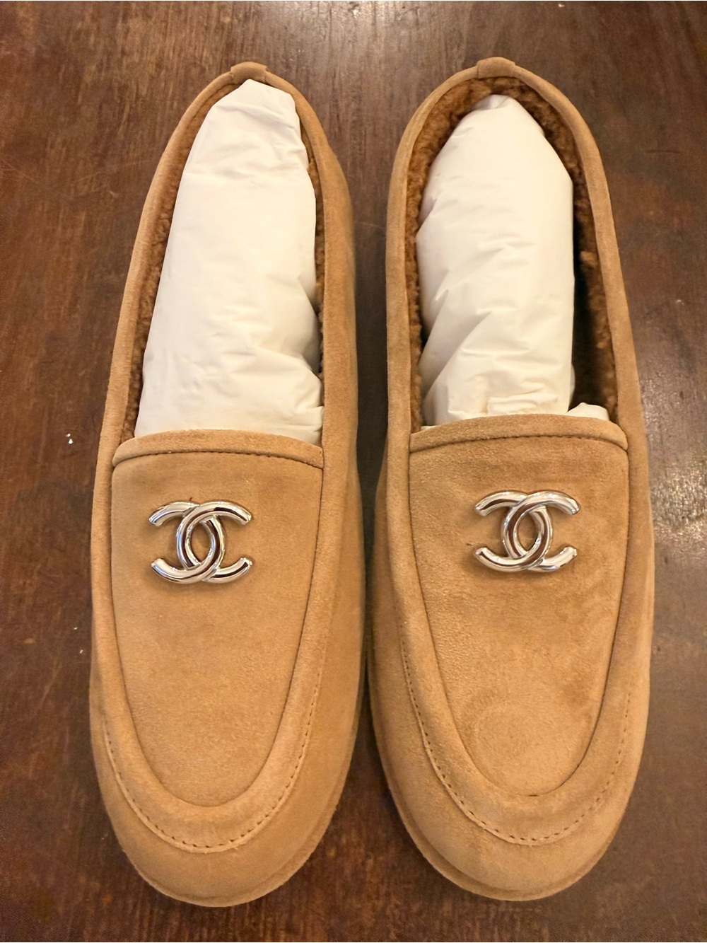 CHANEL Tan Suede Slip-On Loafers with Silver CC Emblem